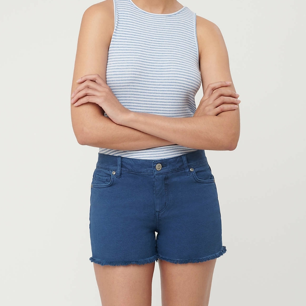 LOFT mid rise frayed hem denim shorts, 33", blue